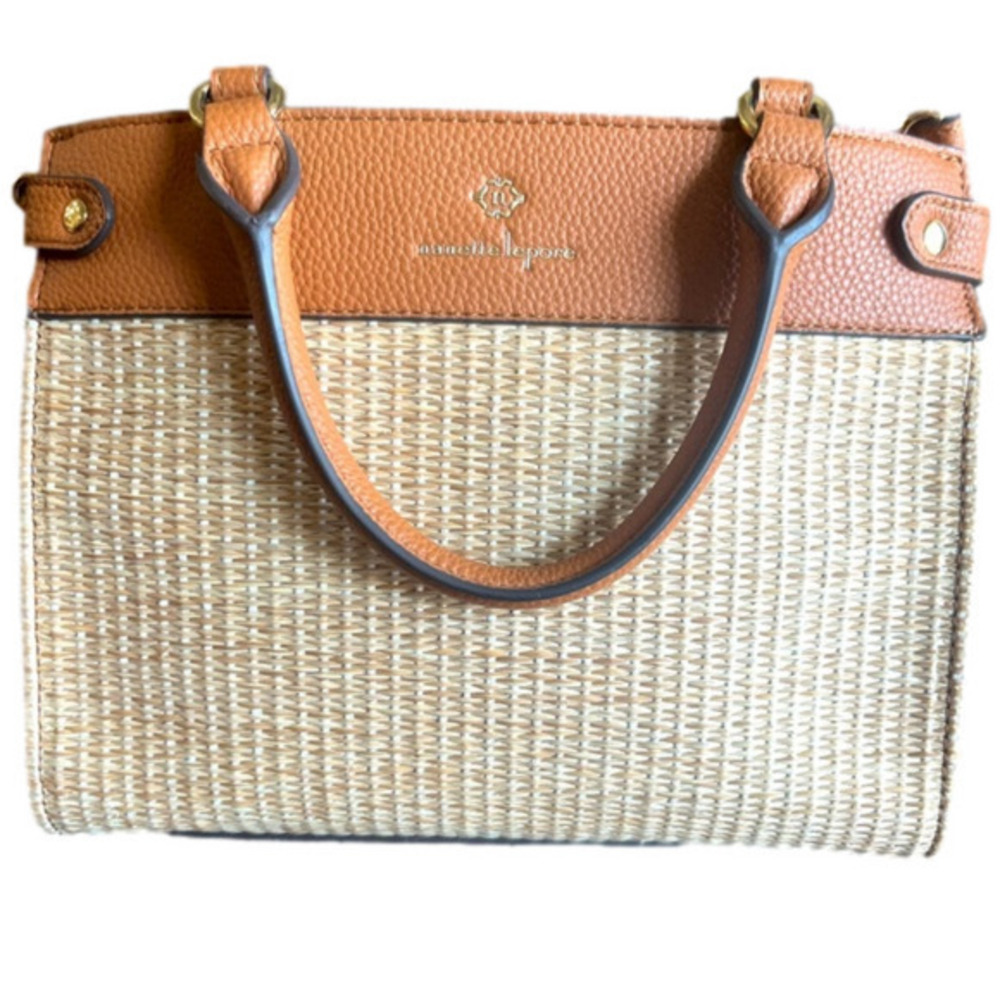 Nanette Lepore NWT Brown Vegan Leather Straw Tote Dial Handle Long Strap